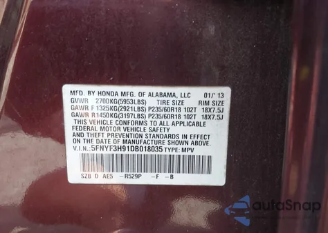 2013 Honda Pilot Touring z USA, uszkodzony, nr VIN 5FNYF3H91DB018035